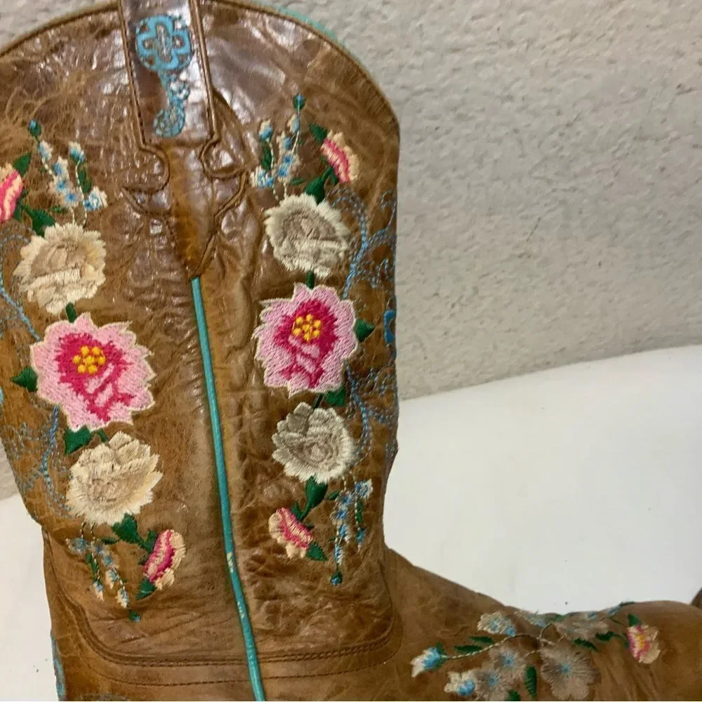 Macie Bean Boots Girls SZ 3 Floral Rose Garden Cowgirl Brown Leather